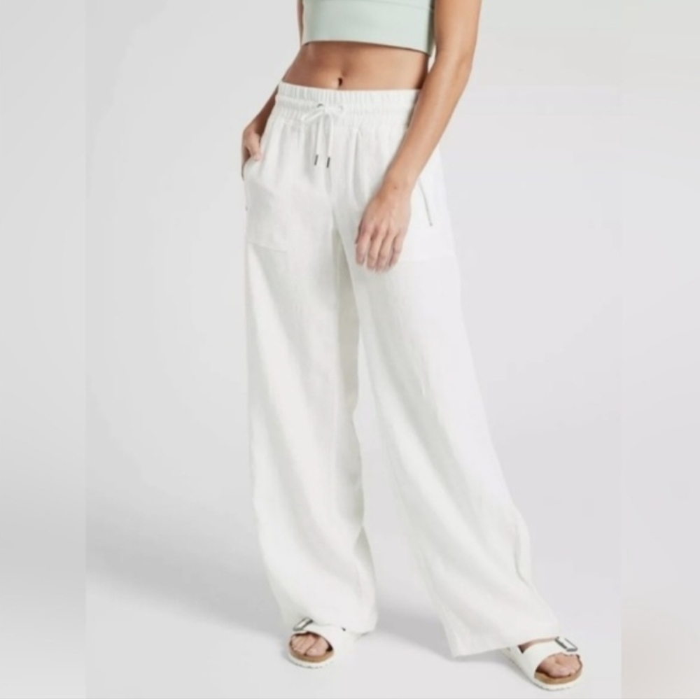 Athleta Cabo 100% Linen Wide Leg Pants Elastic waist Zip pockets, White, size 0 - Picture 4 of 15